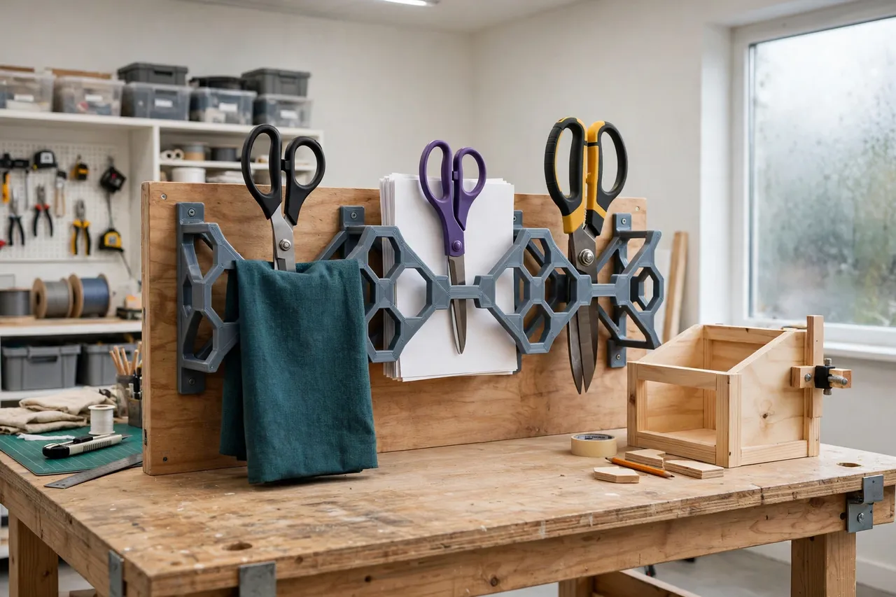 A finished workshop bench with a 3D printed scissor rack holding fabric, paper, and heavy-duty workshop scissors in a neat row