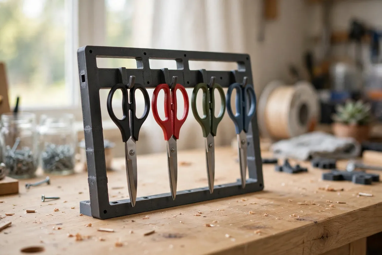 A bright home workshop scene on a light oak workbench