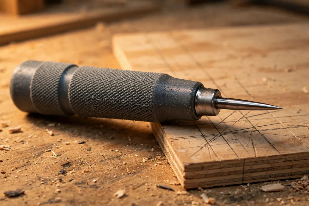 Close-up view of a hand-free still life showing a 3D printed scratch awl handle with a textured grip surface and a steel point