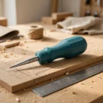 A bright home workshop scene on a light oak workbench