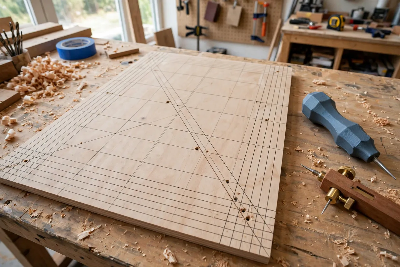A finished woodworking layout on a workbench: a wooden panel with crisp scribed lines and small starter holes