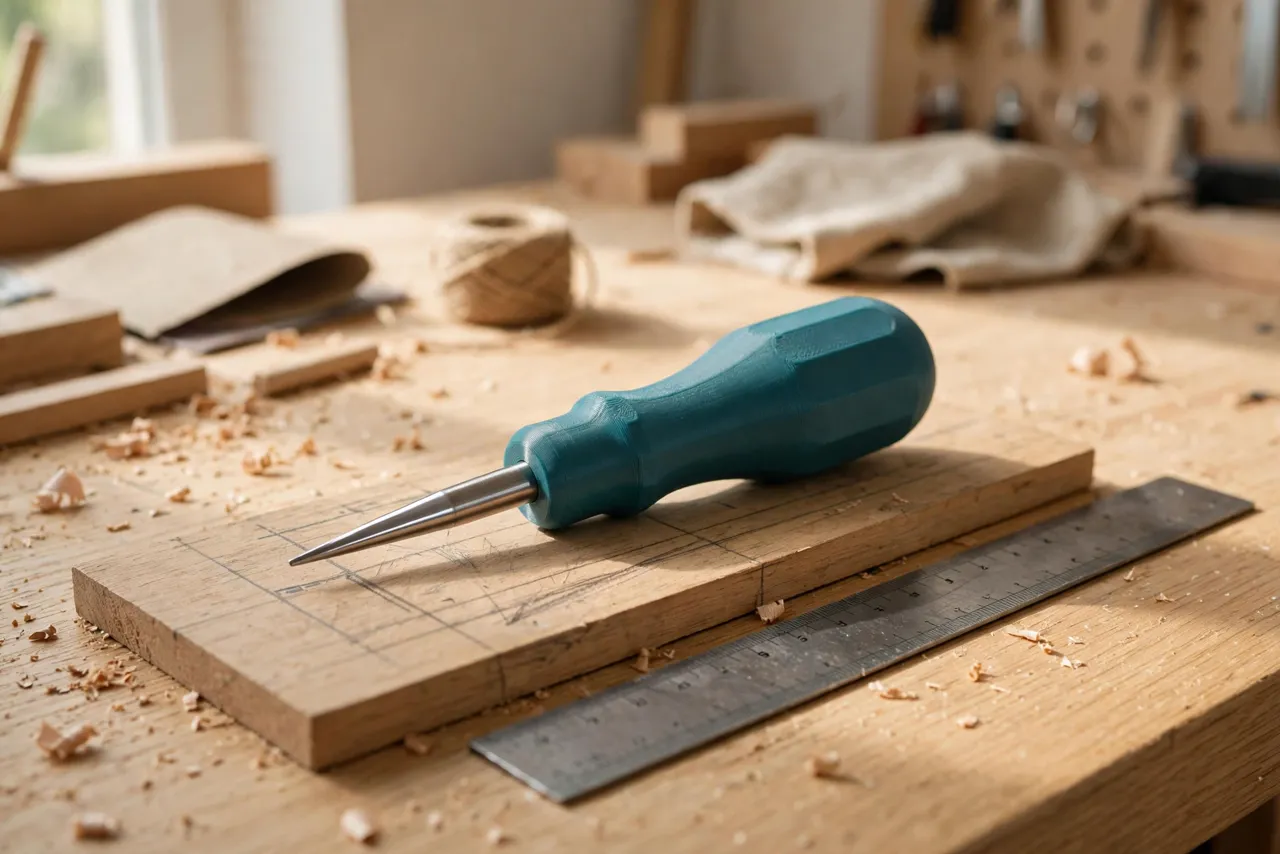 A bright home workshop scene on a light oak workbench