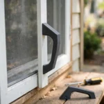 A bright home exterior scene at a screen door, a matte charcoal-gray 3D printed handle fitted to the door stile
