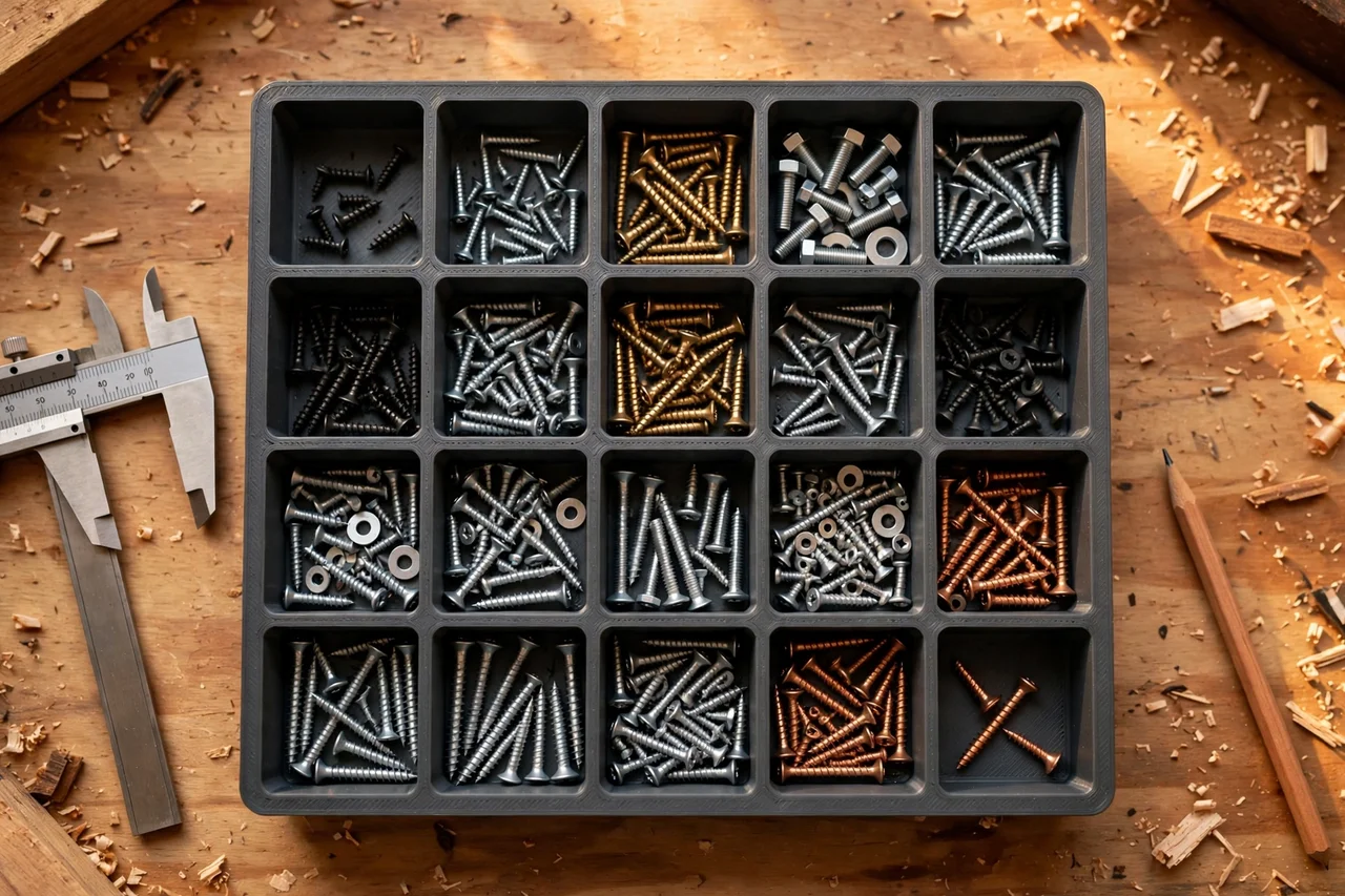 Close-up top-down view of a matte charcoal-gray 3D printed screw assortment drawer organizer being test-fitted with screws by size and type on a workbench, calipers and a pencil nearby, warm workshop lighting
