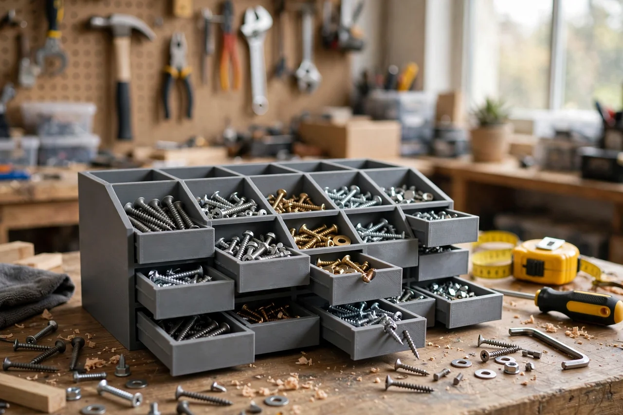 View of the finished 3D printed screw assortment drawer organizer in use during a home repair tidy-up on a workbench, tidy workshop background in soft focus, bright natural light