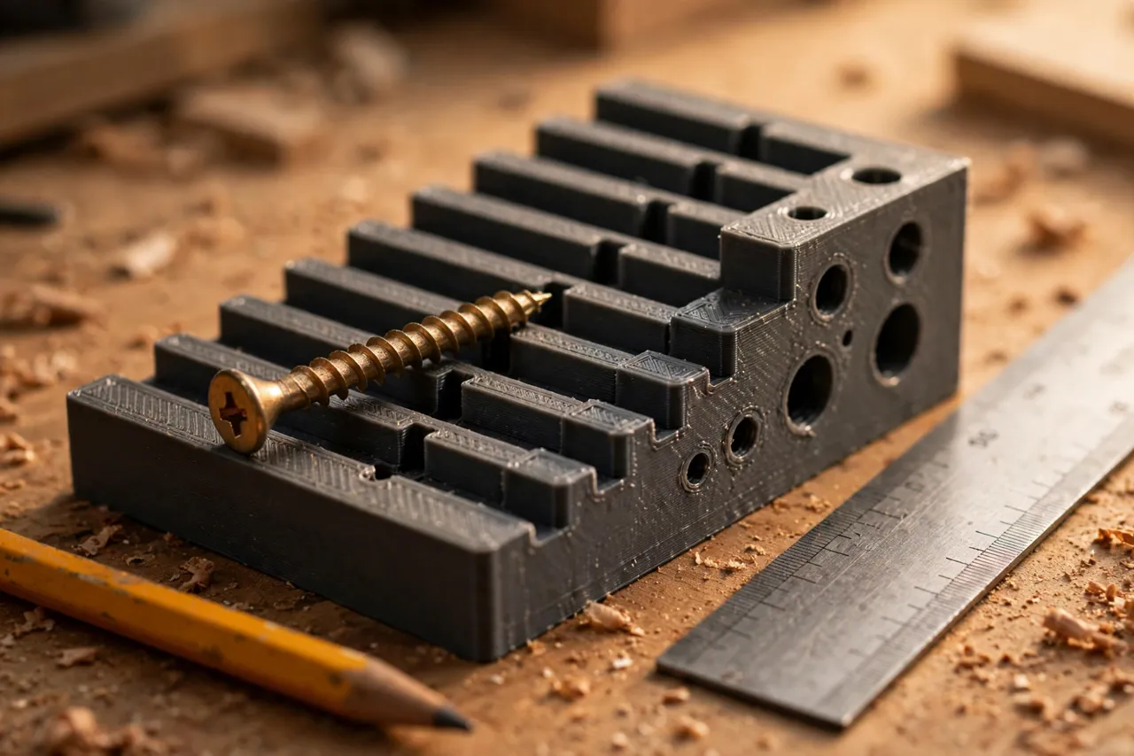 Close-up view of a wood screw being checked against a 3D printed gauge with stepped length slots and drilled pilot-hole reference holes, a pencil