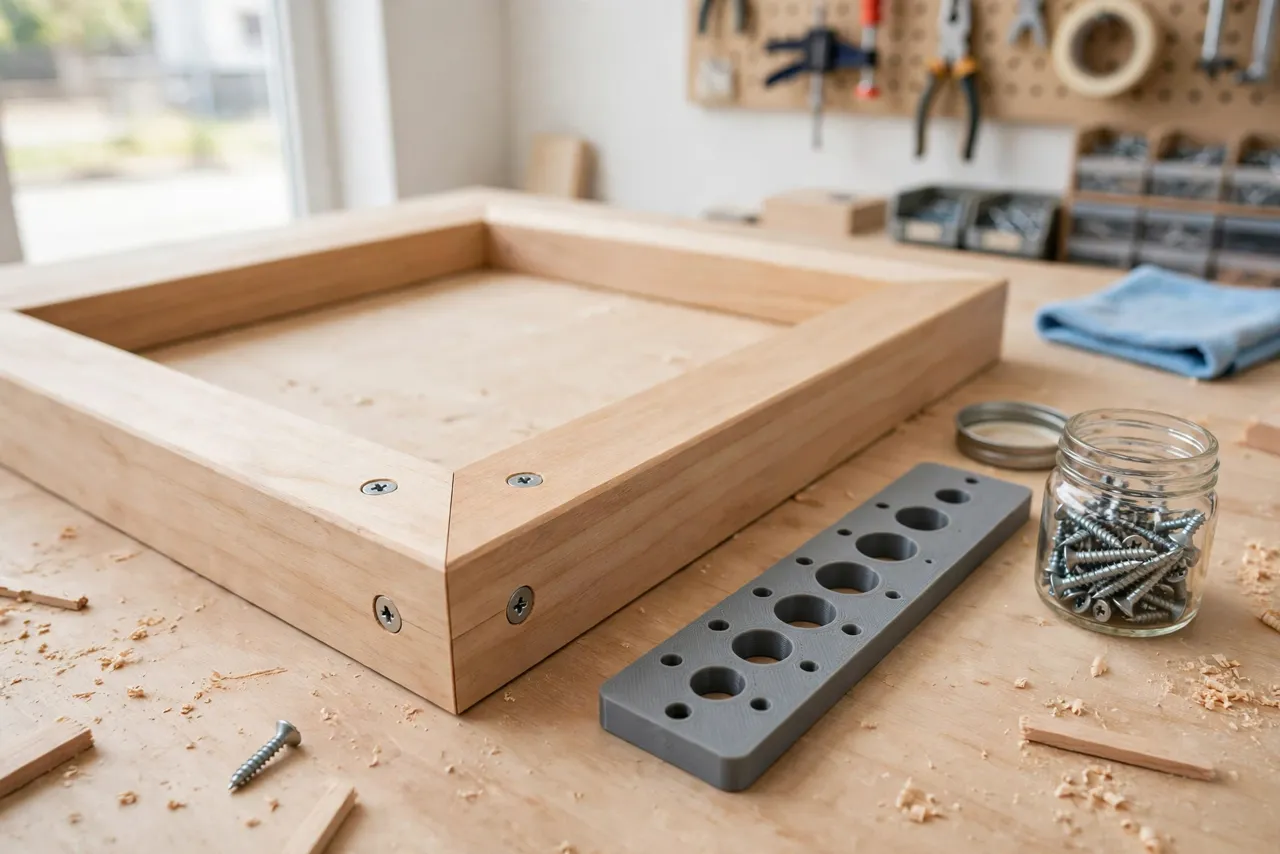 A neatly joined wooden frame corner with flush screws and no splitting