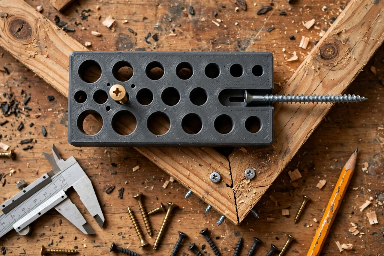 Close-up top-down view of a matte charcoal-gray 3D printed screw length measuring gauge being test-fitted against screws and joined boards on a workbench, calipers and a pencil nearby, warm workshop lighting