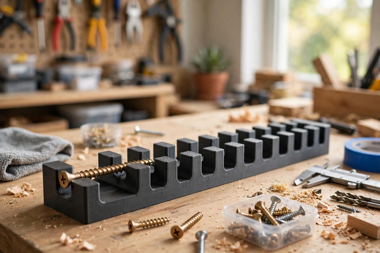 View of the finished 3D printed screw length measuring gauge in use on a home repair project on a workbench, tidy workshop background in soft focus, bright natural light