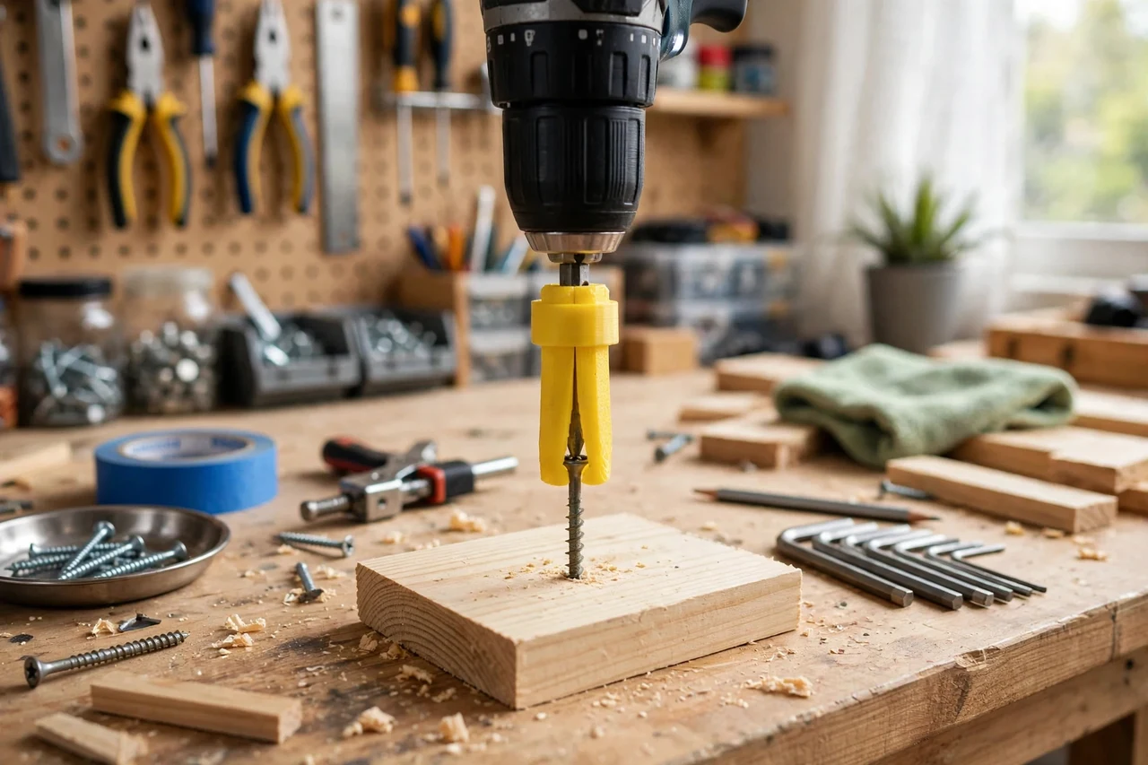 View of the finished 3D printed screw starter sleeve tool in use on a home repair project on a workbench, tidy workshop background in soft focus, bright natural light