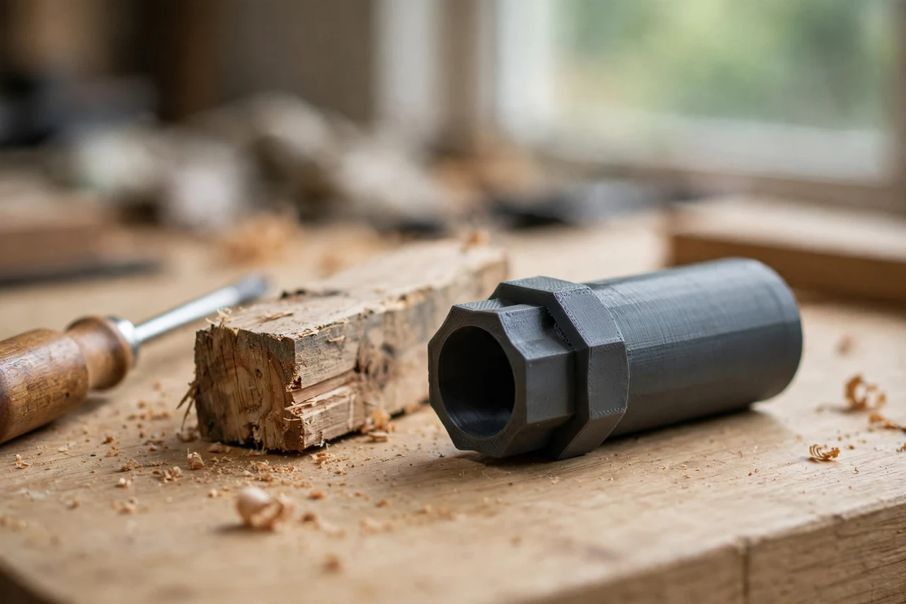 Home workshop scene on a light oak workbench, a matte charcoal-gray 3D printed screw starter sleeve tool beside a timber offcut and a screwdriver, soft natural window light, shallow depth of field