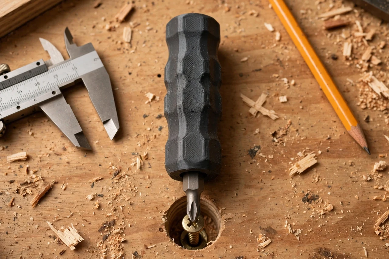 Close-up top-down view of a matte charcoal-gray 3D printed screwdriver bit extension grip being test-fitted against a driver bit reaching a recessed screw on a workbench, calipers and a pencil nearby, warm workshop lighting