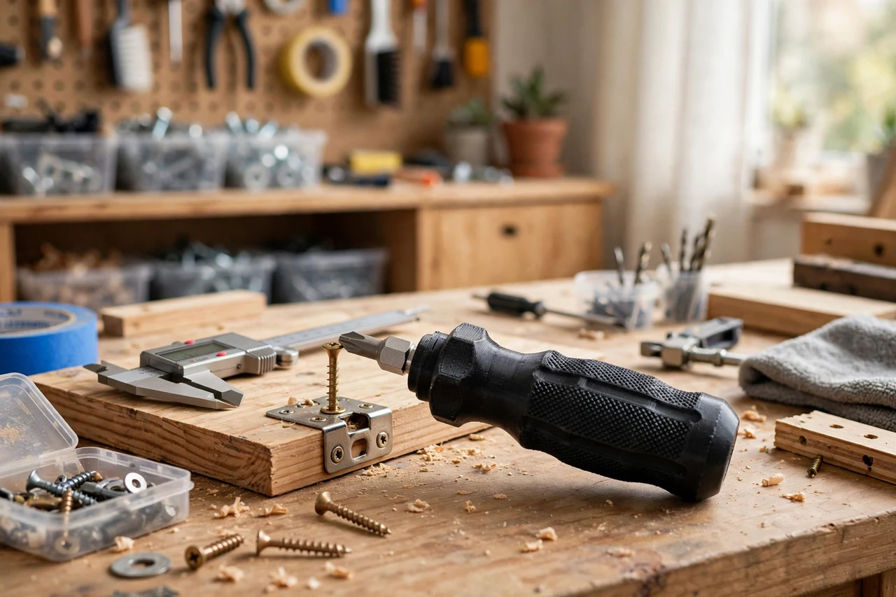 View of the finished 3D printed screwdriver bit extension grip in use on a home repair project on a workbench, tidy workshop background in soft focus, bright natural light