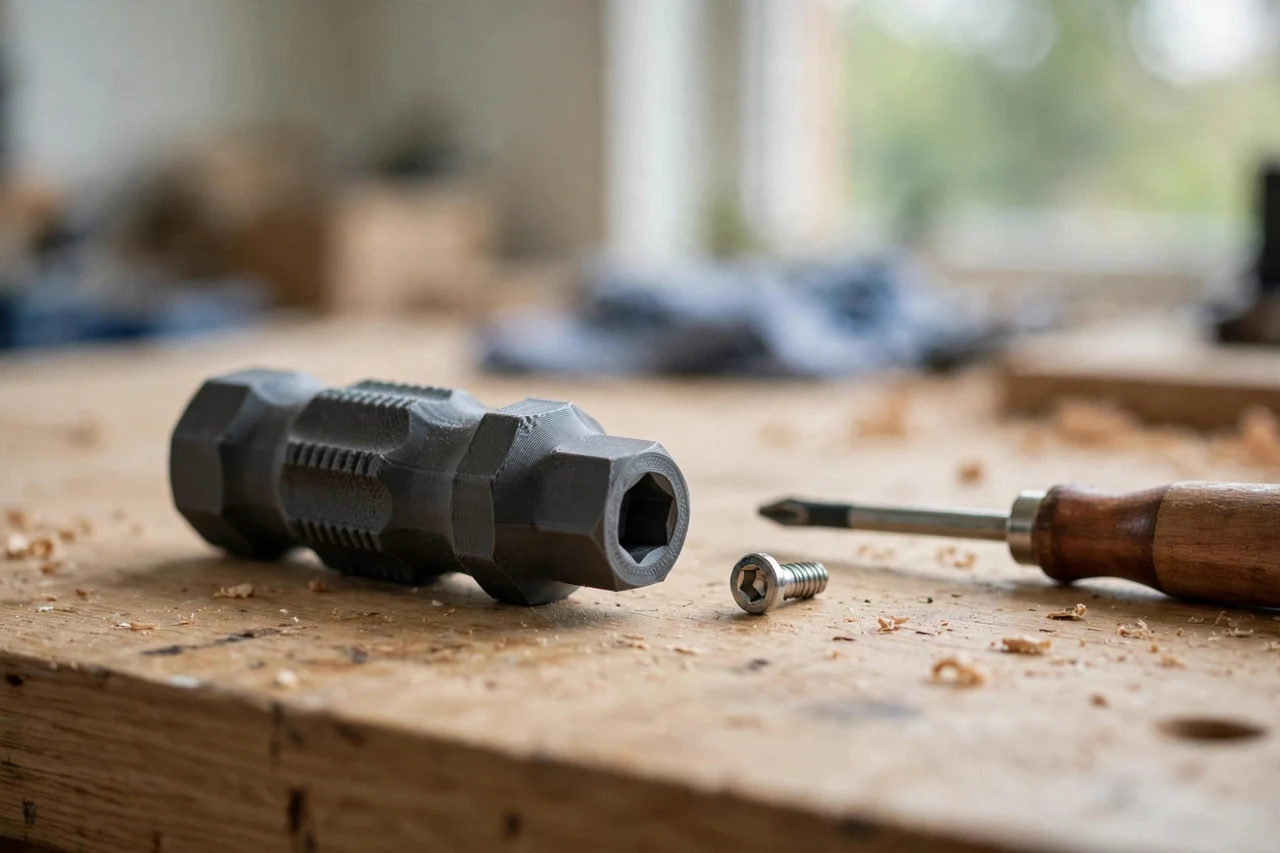 Home workshop scene on a light oak workbench, a matte charcoal-gray 3D printed screwdriver bit extension grip beside a recessed screw sample and a screwdriver, soft natural window light, shallow depth of field
