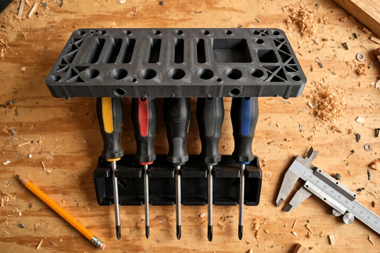 Close-up top-down view of a matte charcoal-gray 3D printed screwdriver caddy wall mount being test-fitted against screwdrivers held upright in a wall caddy on a workbench, calipers and a pencil nearby, warm workshop lighting