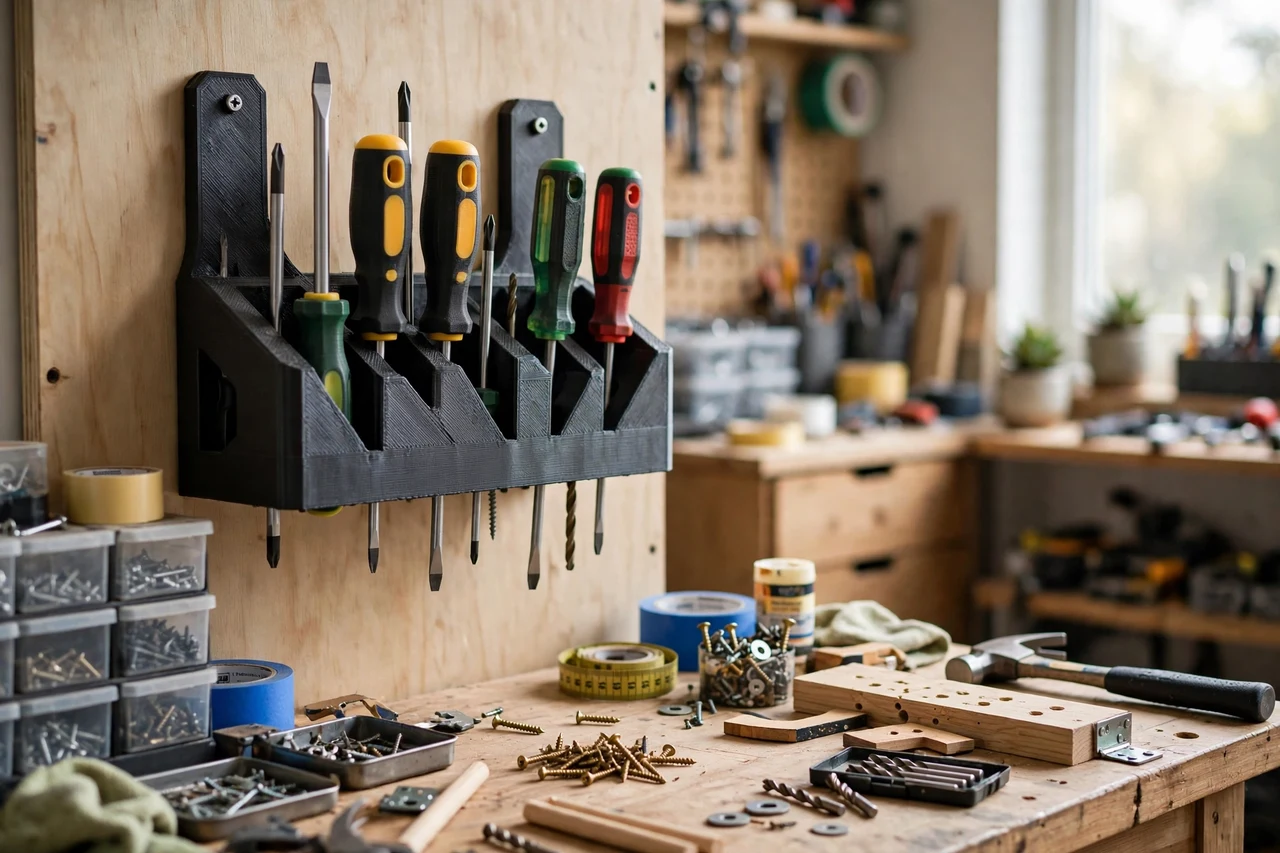 View of the finished 3D printed screwdriver caddy wall mount in use on a home repair project on a workbench, tidy workshop background in soft focus, bright natural light