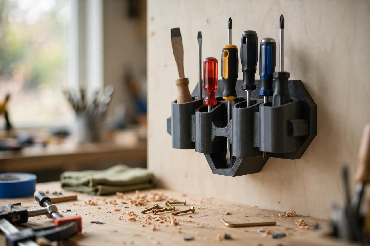 Home workshop scene on a light oak workbench, a matte charcoal-gray 3D printed screwdriver caddy wall mount holding screwdrivers held upright in a wall caddy, soft natural window light, shallow depth of field