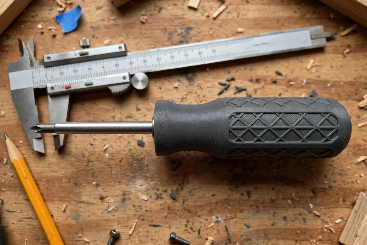 Close-up top-down view of a matte charcoal-gray 3D printed screwdriver handle grip sleeve being test-fitted against a smooth screwdriver handle that twists in the hand on a workbench, calipers and a pencil nearby, warm workshop lighting