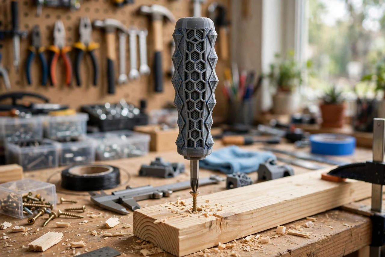 View of the finished 3D printed screwdriver handle grip sleeve in use on a home repair project on a workbench, tidy workshop background in soft focus, bright natural light