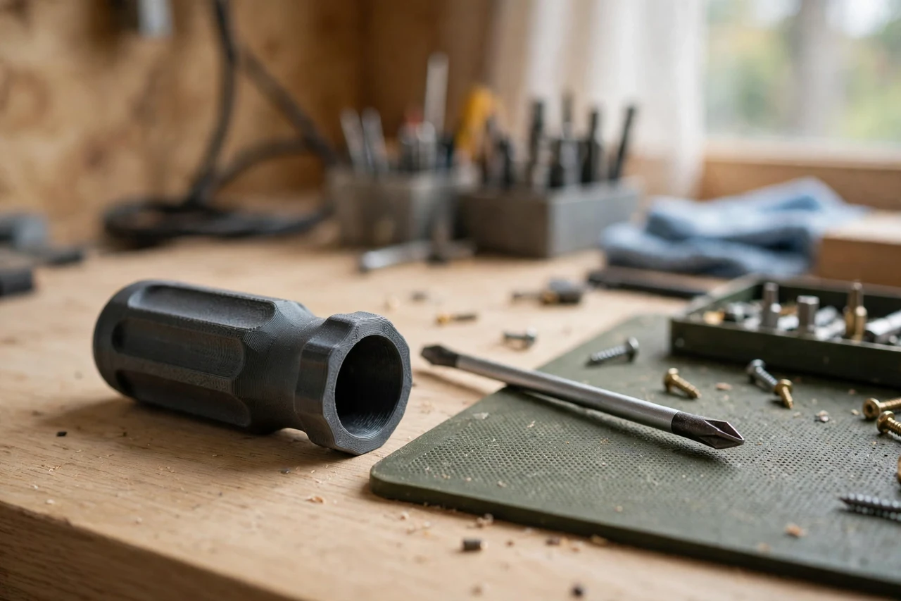 Home workshop scene on a light oak workbench, a matte charcoal-gray 3D printed screwdriver handle grip sleeve beside a screwdriver and a workbench mat, soft natural window light, shallow depth of field