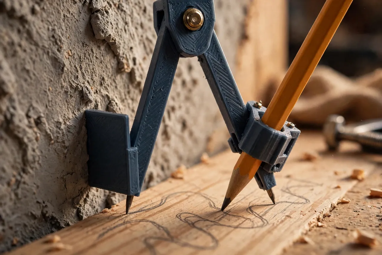 Close-up of a 3D printed scribing compass with its flat follower face riding a uneven wall surface while a pencil draws a matching wavy line on wood