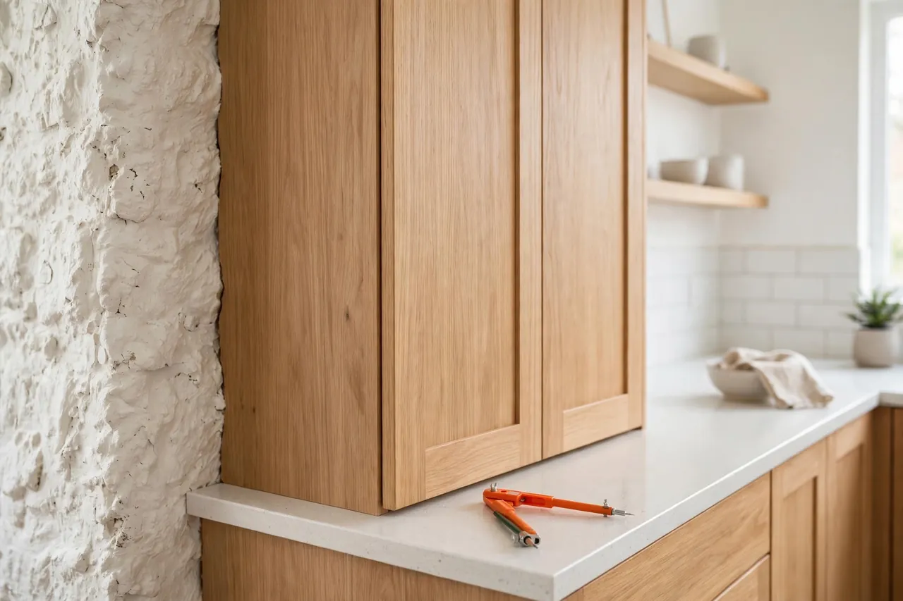 A finished kitchen cabinet fitted tight against an uneven wall with no visible gap