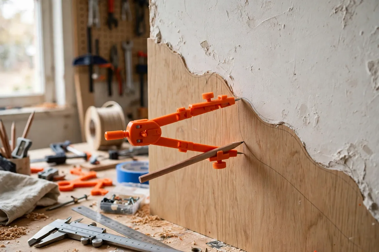 A bright home workshop scene with a matte orange 3D printed scribing compass tracing along a wavy plaster wall edge onto a light oak cabinet side