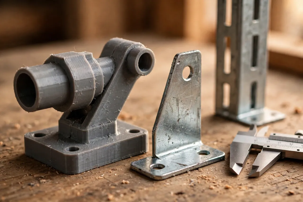 Close-up of a 3D printed adapter beside a shelf bracket tab and a slotted upright on a workbench, calipers nearby, warm lighting