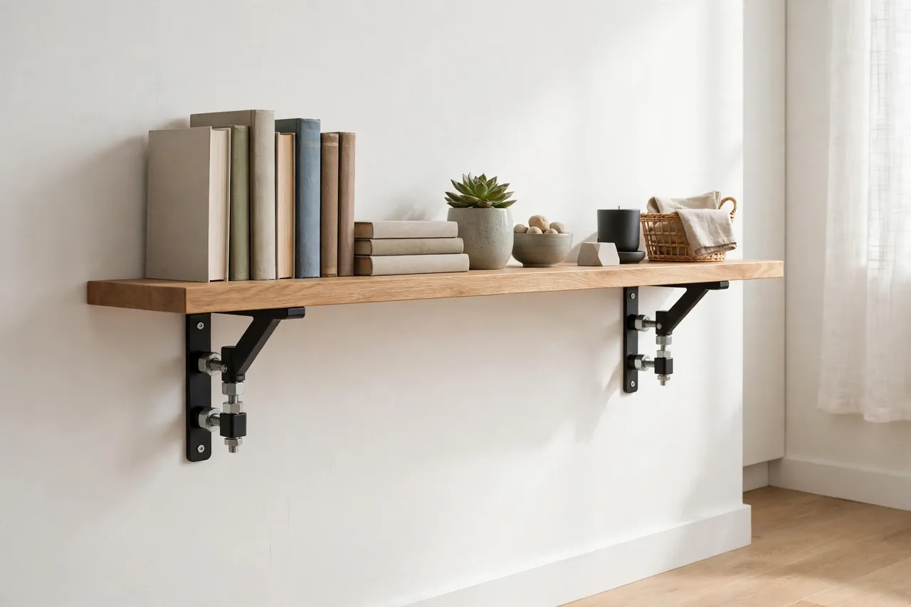 A finished shelf fitted level on a wall with books and small items arranged on it, adapter-fitted brackets visible beneath, bright tidy room