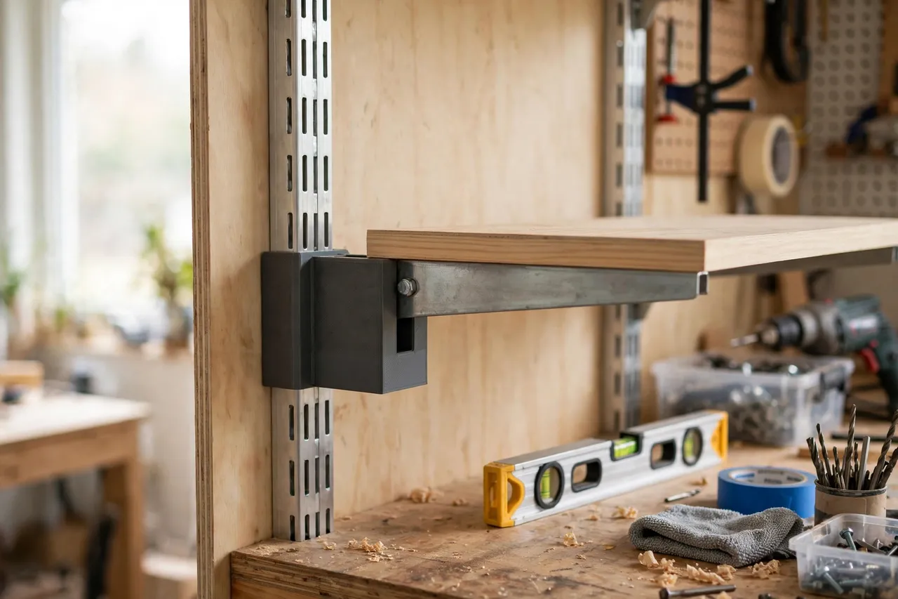 A bright home workshop scene, a matte dark-gray 3D printed adapter joining a metal shelf bracket to a slotted wall upright