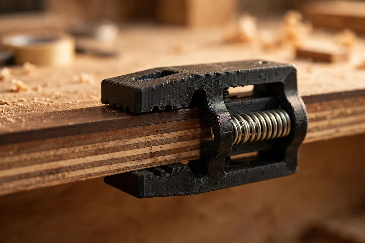 Close-up view of a 3D printed shelf edge trim clip gripping a shelf edge with edge banding in place