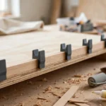 A bright workshop scene, a plywood shelf edge with a strip of wood edge banding held in place by several matte charcoal-gray 3D printed trim clips