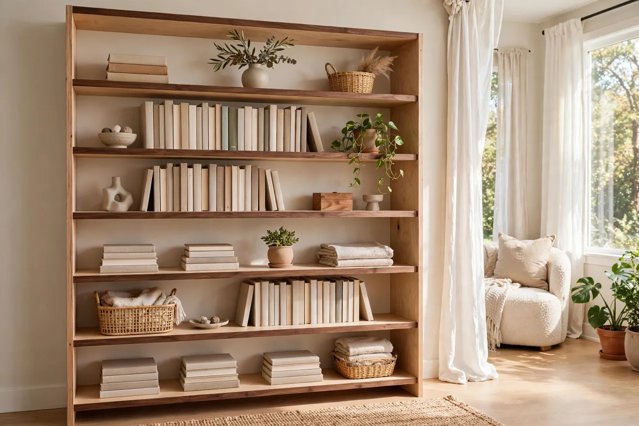 A finished bookshelf with crisp, clean edge banding on every shelf, clips removed and the shelves in place in a tidy living room, bright natural light