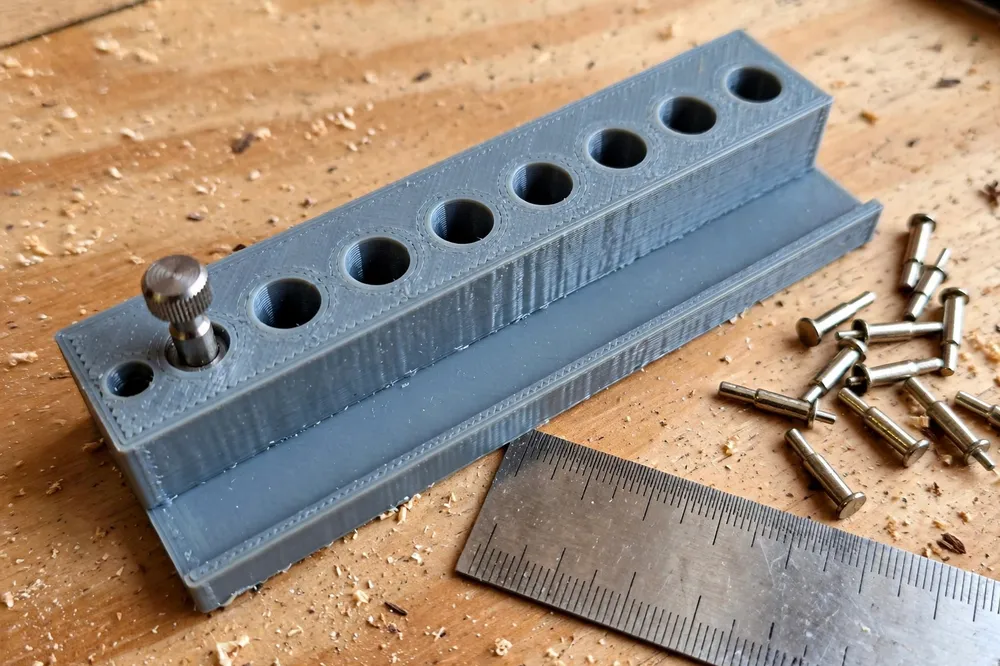 Close-up of a 3D printed shelf pin jig on a workbench showing a row of evenly spaced guide holes