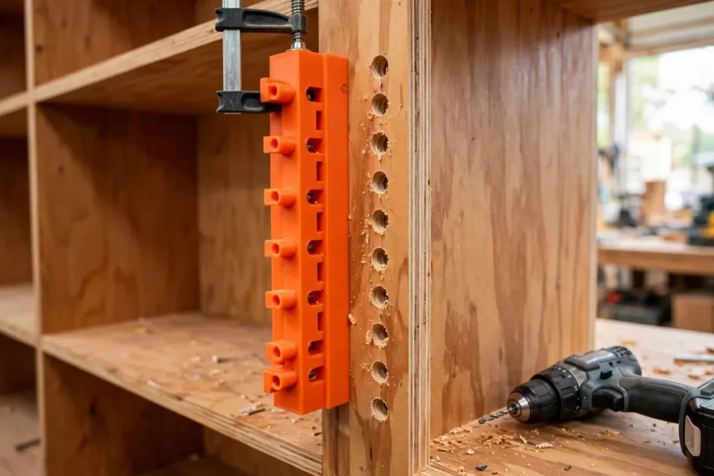 Cabinet shelves fitted with a 3D printed shelf pin jig