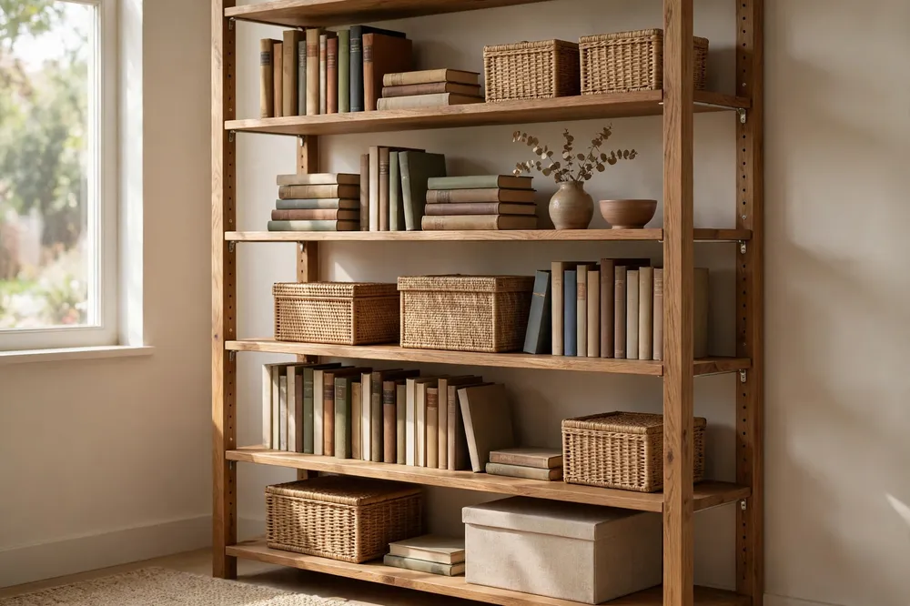 A finished bookcase with adjustable wooden shelves resting level on metal shelf pins at matching heights