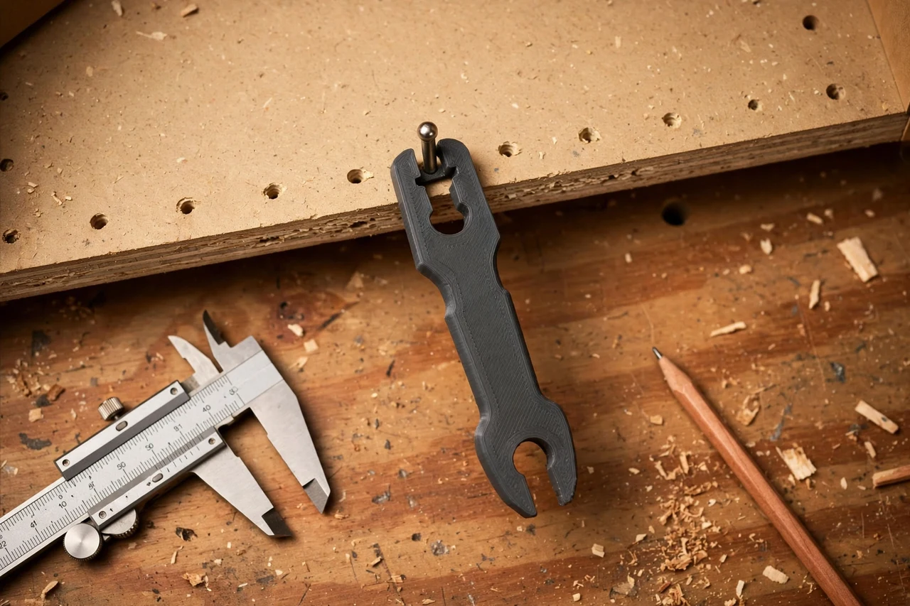 Close-up top-down view of a matte charcoal-gray 3D printed shelf pin puller tool being test-fitted against a tight metal shelf pin in a cabinet side panel on a workbench, calipers and a pencil nearby, warm workshop lighting