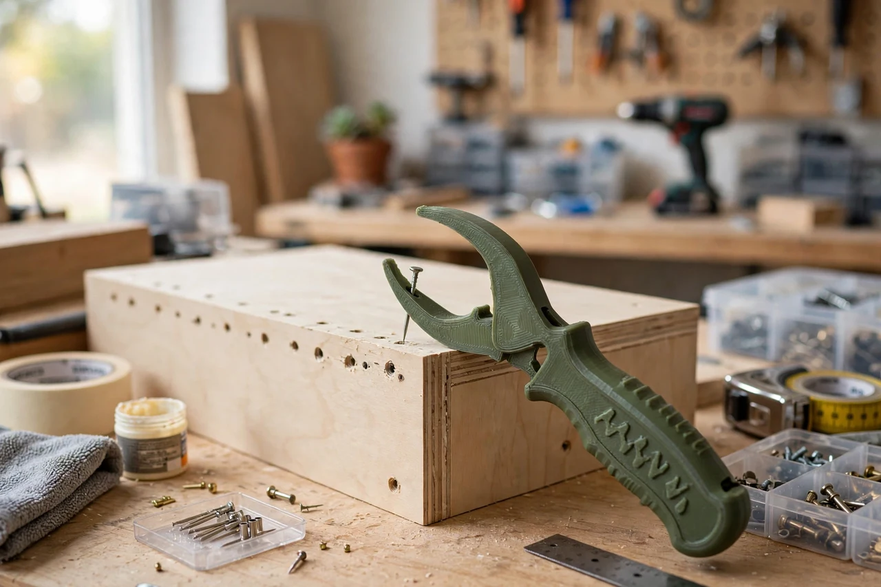 View of the finished 3D printed shelf pin puller tool in use on a home repair project on a workbench, tidy workshop background in soft focus, bright natural light