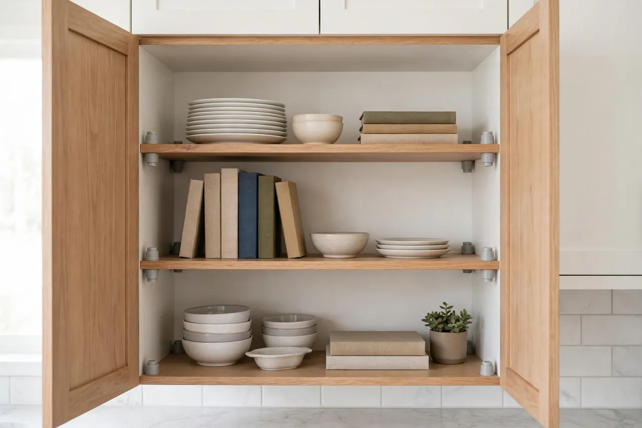 A finished cabinet with three evenly spaced shelves freshly leveled using printed pin sleeves, dishes and books arranged neatly