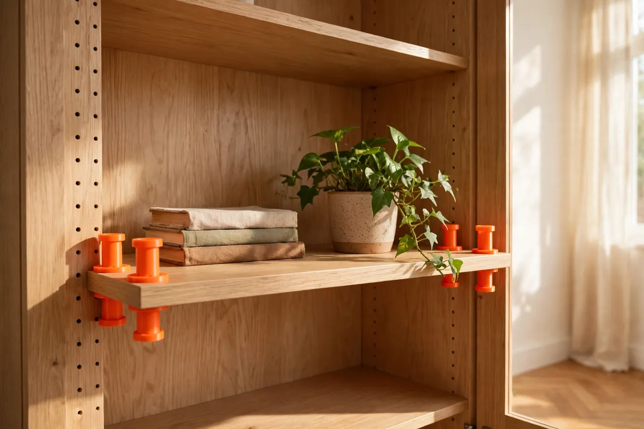 A bright home interior scene, an open light-oak bookcase cabinet with a shelf resting level on bright-orange 3D printed shelf pin sleeves visible
