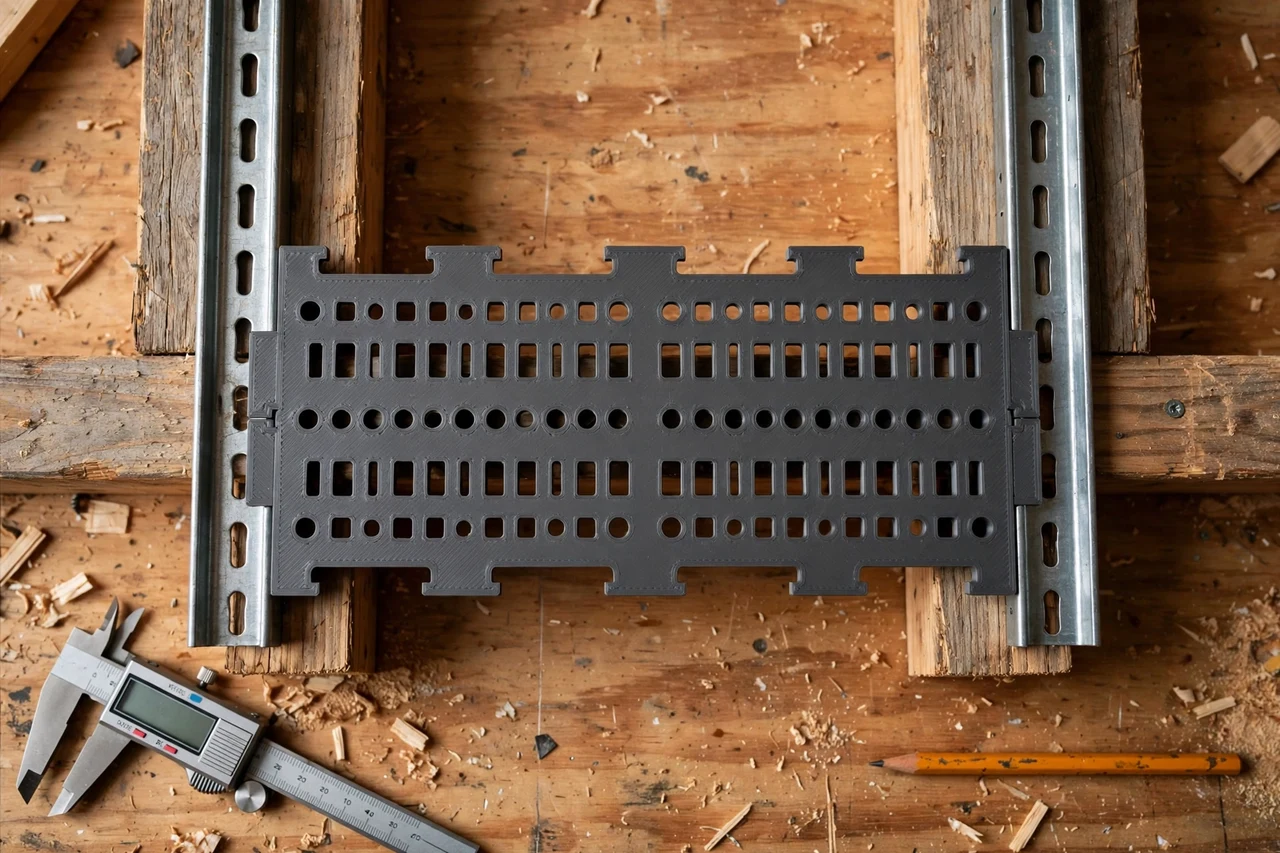 Close-up top-down view of a matte charcoal-gray 3D printed shelf standard spacing template being test-fitted against shelf standards and wall studs on a workbench, calipers and a pencil nearby, warm workshop lighting