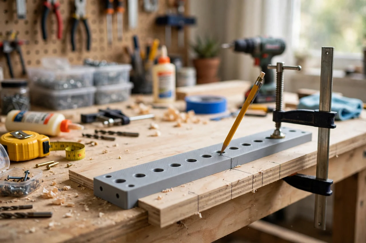 View of the finished 3D printed shelf standard spacing template in use on a home repair project on a workbench, tidy workshop background in soft focus, bright natural light