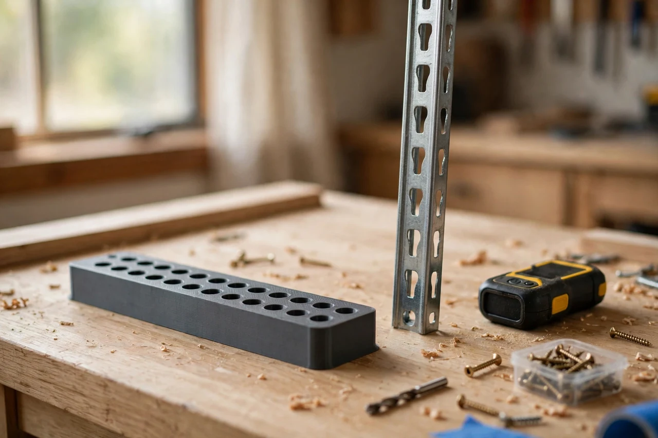 Home workshop scene on a light oak workbench, a matte charcoal-gray 3D printed shelf standard spacing template beside a shelf standard and a stud finder, soft natural window light, shallow depth of field
