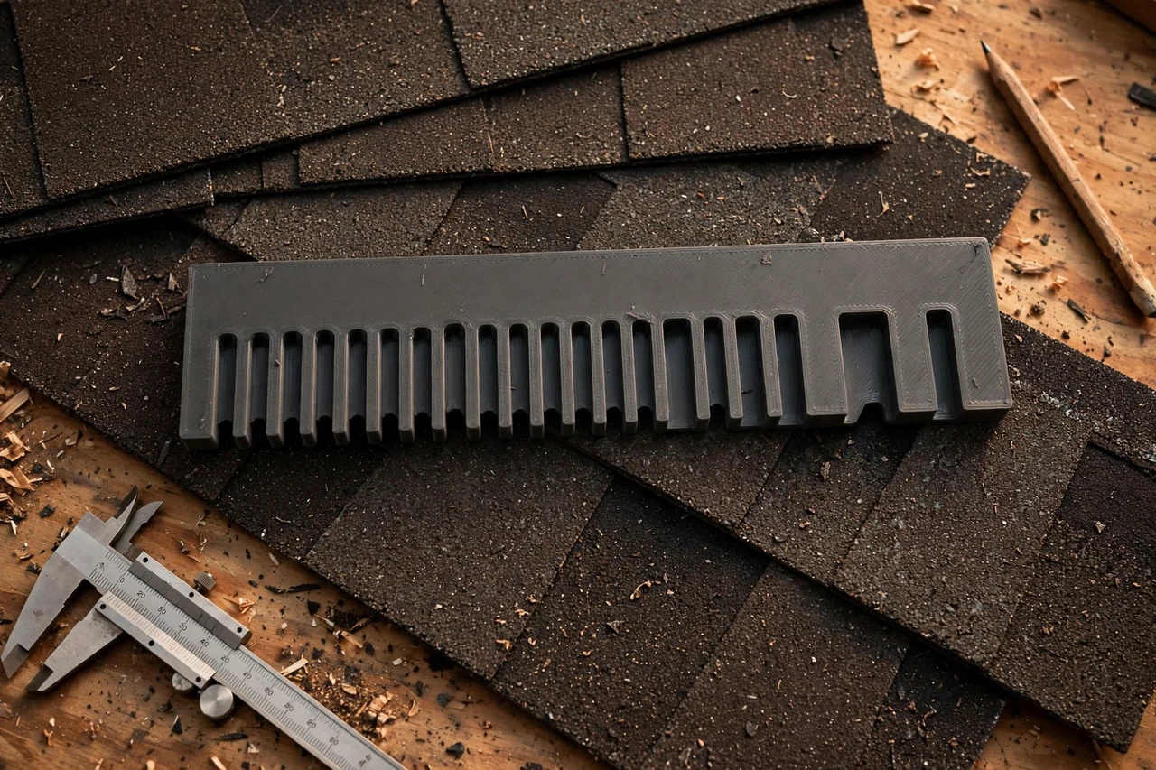 Close-up top-down view of a matte charcoal-gray 3D printed shingle exposure spacing gauge being test-fitted against roof shingles and roof courses on a workbench, calipers and a pencil nearby, warm workshop lighting