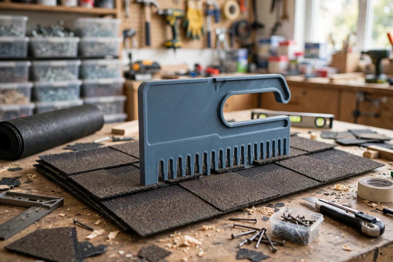 View of the finished 3D printed shingle exposure spacing gauge in use on a home repair project on a workbench, tidy workshop background in soft focus, bright natural light