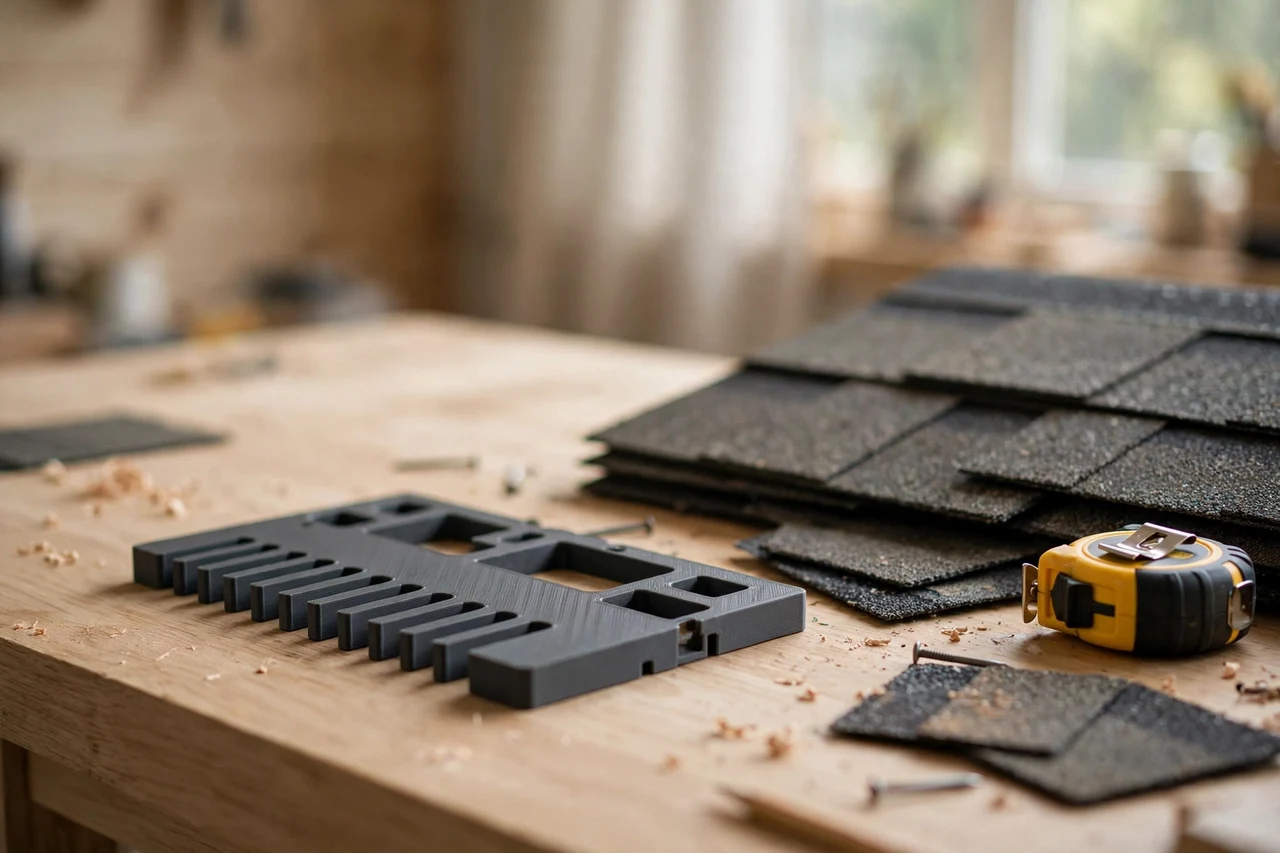 Home workshop scene on a light oak workbench, a matte charcoal-gray 3D printed shingle exposure spacing gauge beside roof shingles and a tape measure, soft natural window light, shallow depth of field