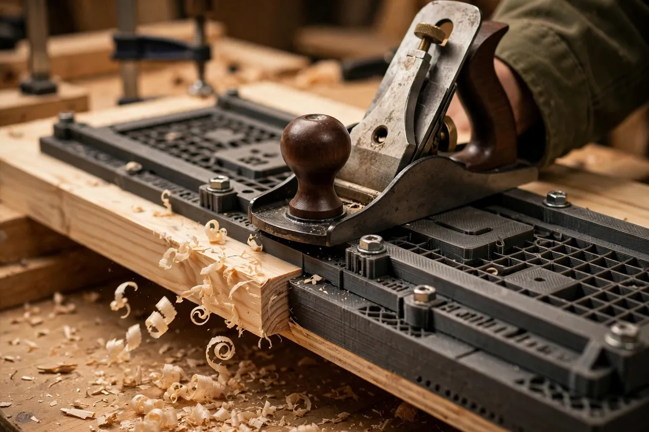 Close-up view of a hand plane running along the track of a 3D printed shooting board