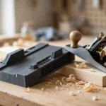 A bright home workshop scene on a light oak workbench