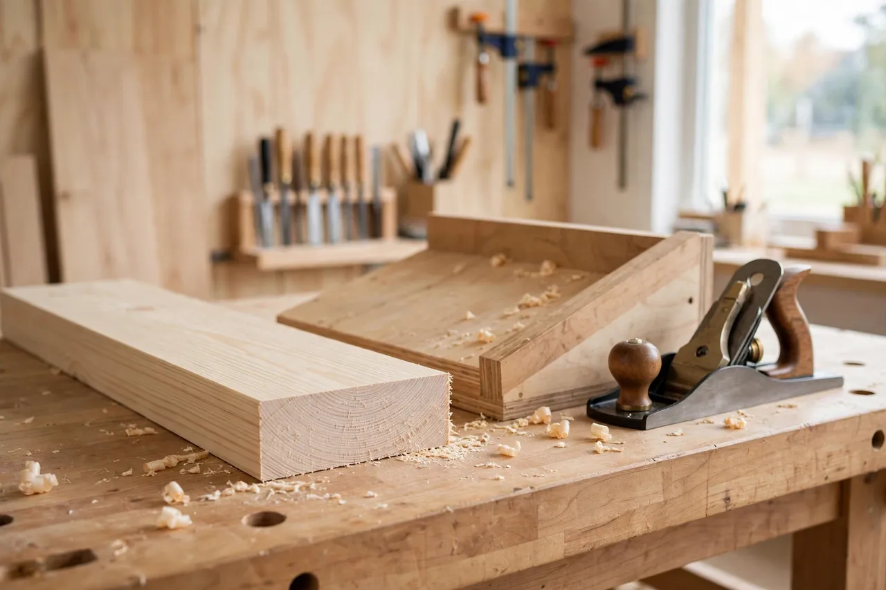 A pine board with a freshly planed square edge resting on a workbench beside the shooting board and a hand plane, bright clean workshop interior