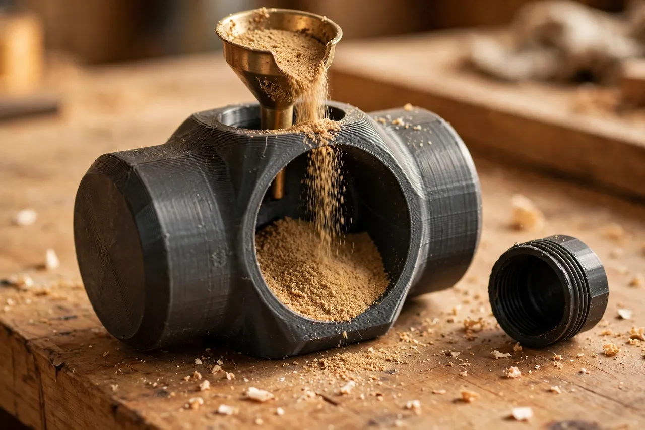 Close-up of a 3D printed mallet head being filled with dry sand through a wide opening on a workbench